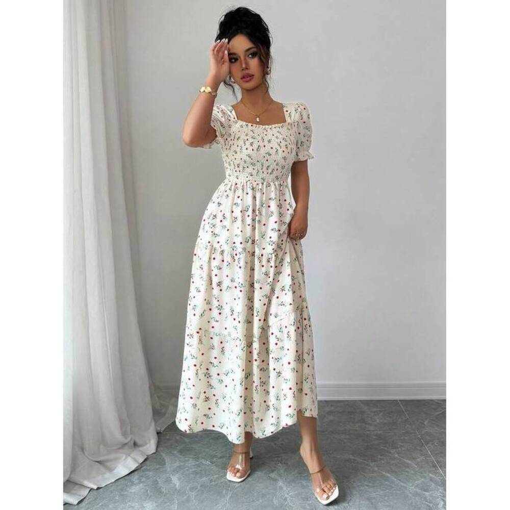 Elenzga Floral Square Collar Cinched Waist A-Line Pa - Picture 3 of 7